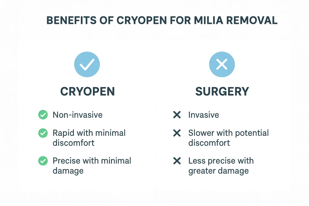 Benefits of cryopen for milia removal Billericay compared to surgical treatments.