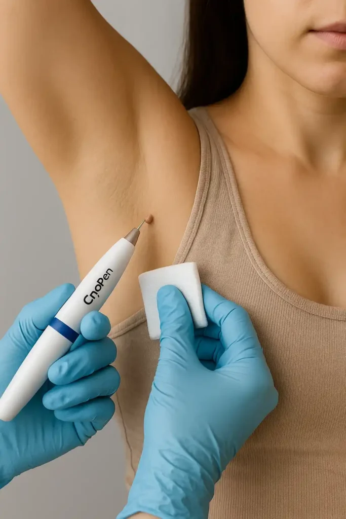 woman having cryopen to remove underarm skin tags Billericay