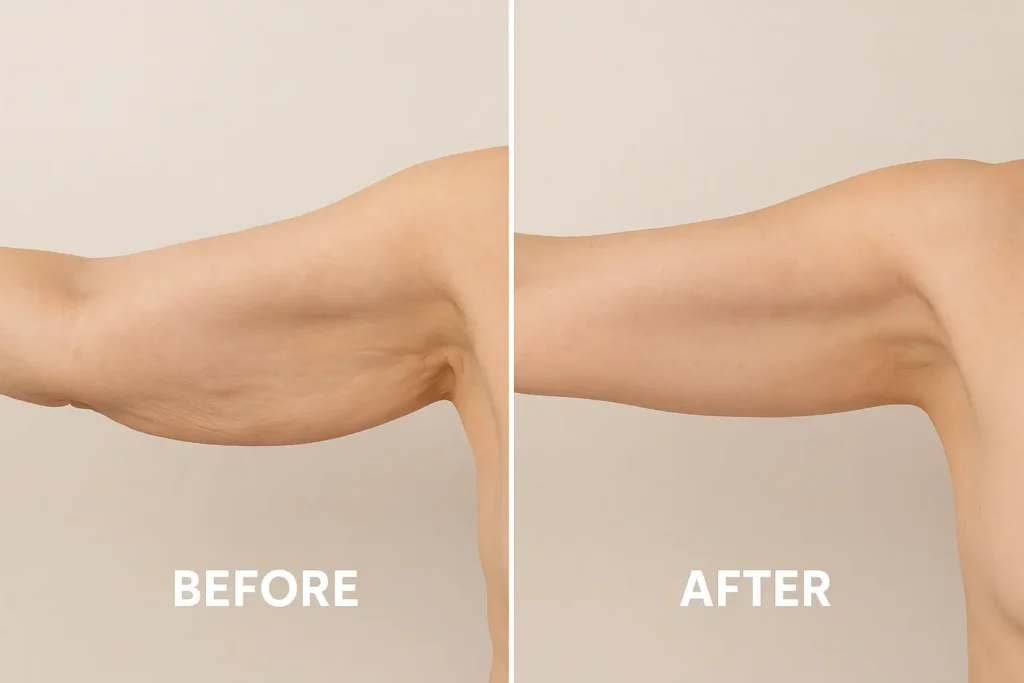 Picture of LA LIPO Billericay before and after results of skin tightening treatment on the upper arms.