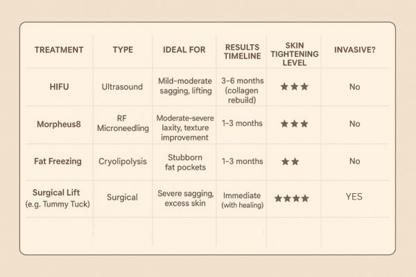 Table showing the comparisons of Skin tightening Billericay treatment options.